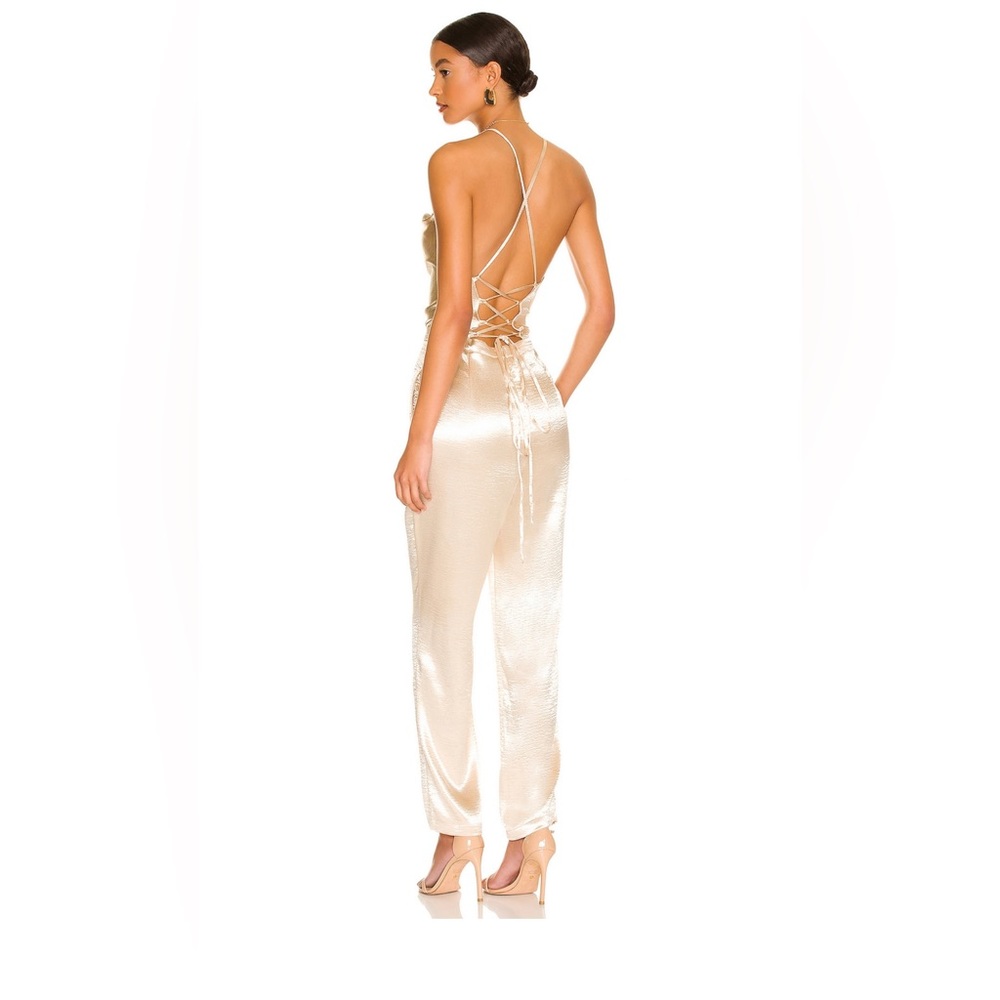 Lovers + Friends Satin Backless Lace-Up Jumpsuit in Champagne